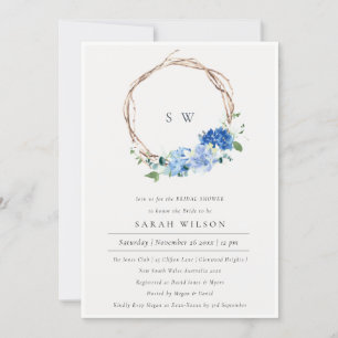 Lively Blue Floral Wreath Bridal Shower Invite 