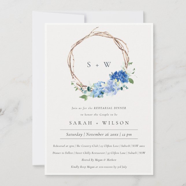 Lively Blue Green Foliage Rehearsal Dinner Invite (Front)