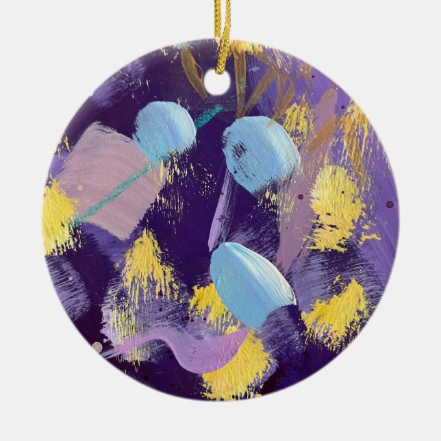 Lively blue, purple, and yellow abstract art ceramic tree decoration (Front)