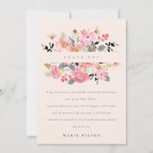 Lively Blush Pink Watercolor Floral Baby Shower Thank You Card