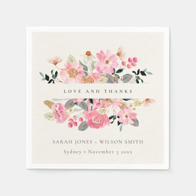 Lively Blush Pink Watercolor Floral Wedding Thanks Napkin (Front)