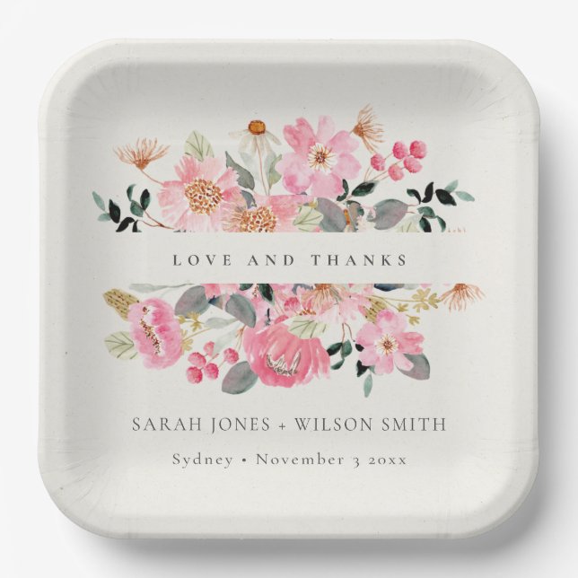 Lively Blush Pink Watercolor Floral Wedding Thanks Paper Plate (Front)