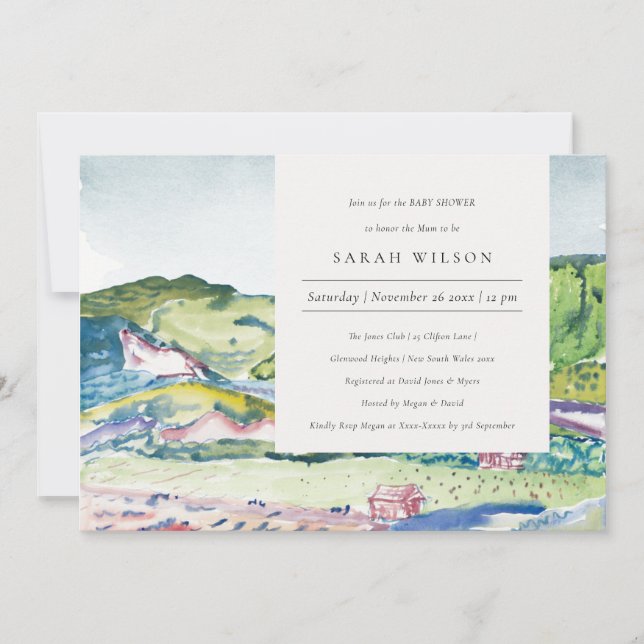 Lively Mountain Scape Blush Baby Shower Invite (Front)