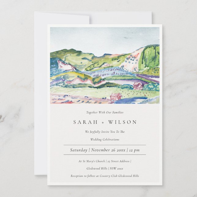 Lively Mountain Scape Blush Green Wedding Invite (Front)