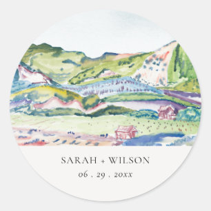 Lively Mountain Scape Blush Watercolor Wedding Classic Round Sticker