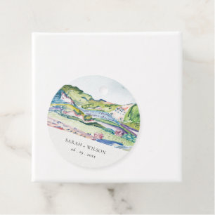 Lively Mountain Scape Blush Watercolor Wedding Favour Tags