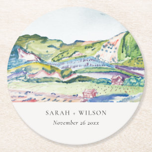Lively Mountain Scape Blush Watercolor Wedding Round Paper Coaster