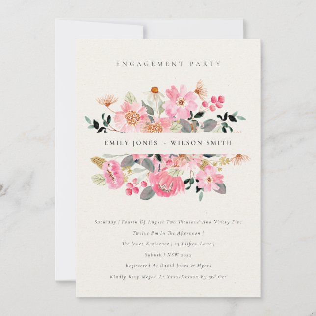 Lively Pink Watercolor Floral Engagement Invite (Front)
