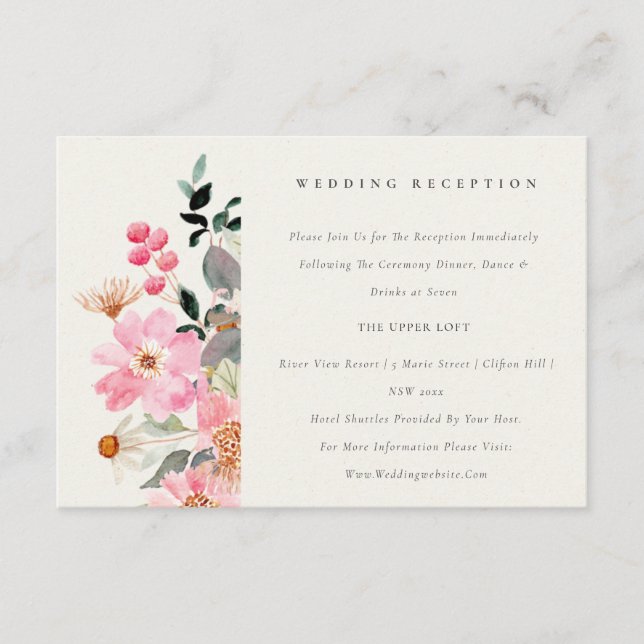 Lively Pink Watercolor Floral Wedding Reception Enclosure Card (Front)