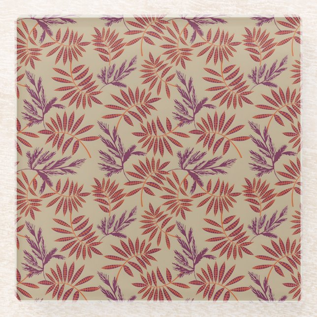 Lively Red and Purple Leaf Motifs on Neutral Beige Glass Coaster (Front)