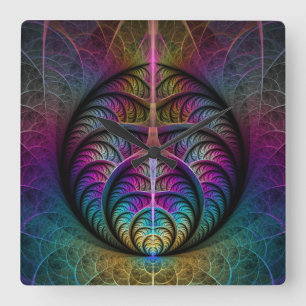 Lively Structures Colorful Abstract Fractal Art Square Wall Clock