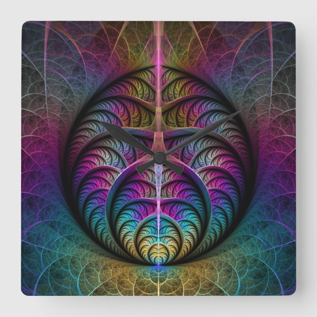 Lively Structures Colorful Abstract Fractal Art Square Wall Clock (Front)