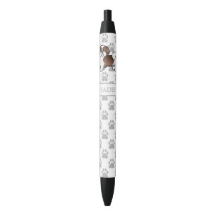Liver And White Shih Tzu Cartoon Dog & Name Black Ink Pen