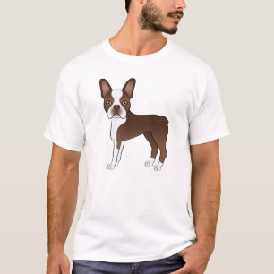 Liver Brown Boston Terrier Cartoon Dog Drawing T-Shirt