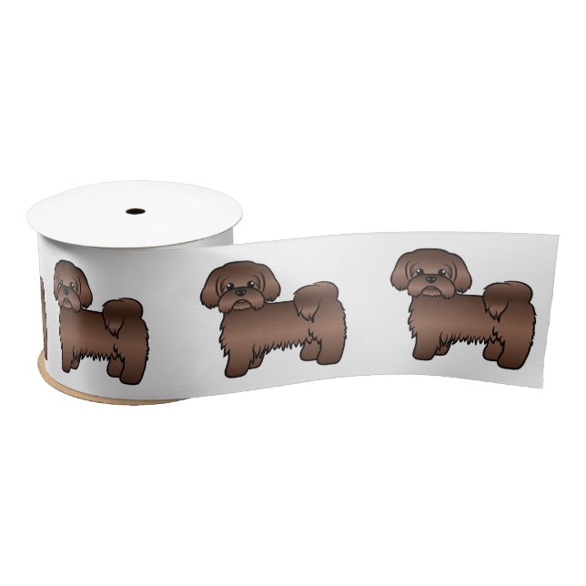 Liver Brown Shih Tzu Cute Cartoon Dog Illustration Satin Ribbon (Spool)