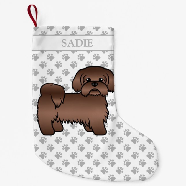 Liver Brown Shih Tzu Cute Cartoon Dog & Name Small Christmas Stocking (Front)