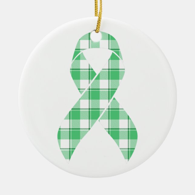 Liver Cancer Awareness Plaid Green Ribbon Survivor Ceramic Tree Decoration (Front)
