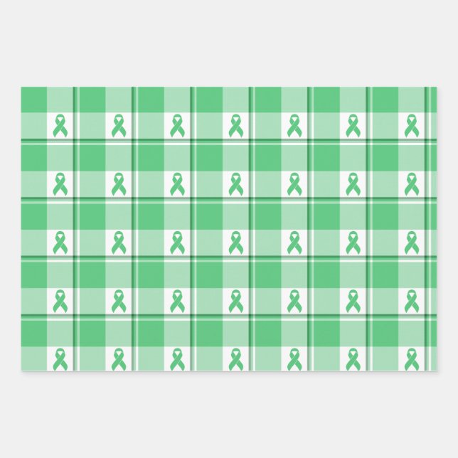 Liver Cancer Awareness Plaid Green Ribbon Wrapping Paper Sheet (Front)