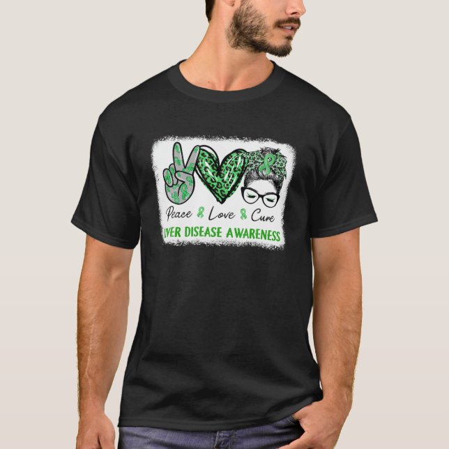 Liver Disease Awareness Green Ribbon Peace Love Cu T-Shirt (Front)