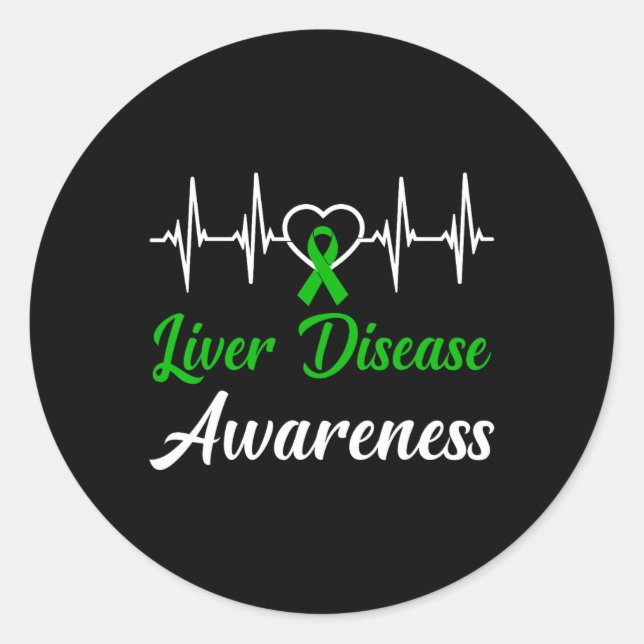 Liver Disease Awareness Love Heartbeat Green Ribbo Classic Round Sticker (Front)