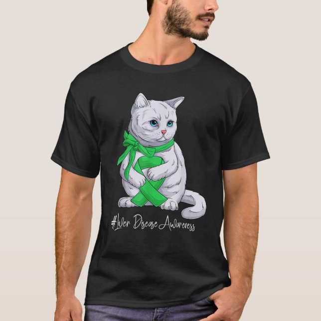 Liver Disease Awareness Month Green Ribbon Cat  fo T-Shirt (Front)