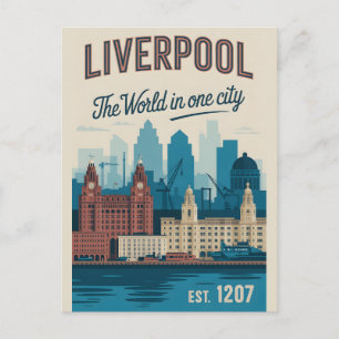 Liverpool England Retro Style Cityscape Travel Postcard