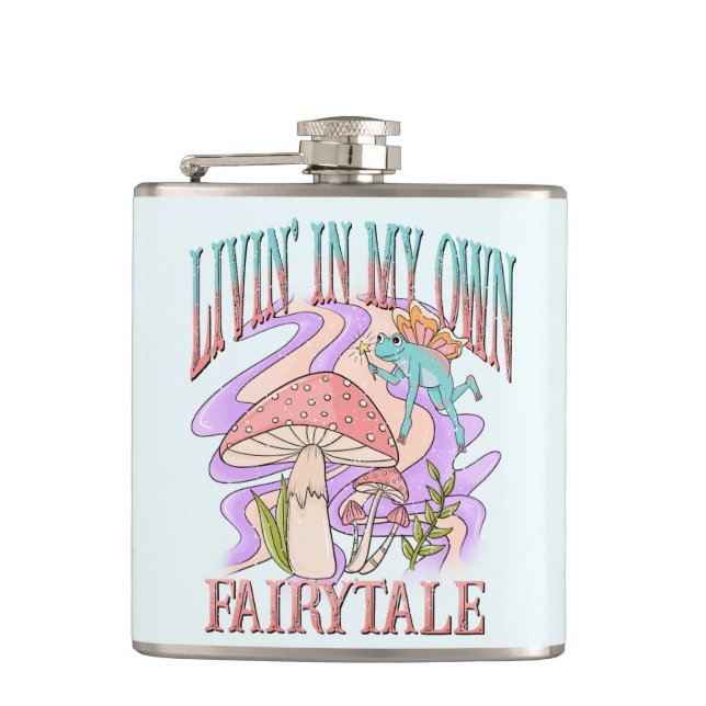 Livin’ In My Own Fairytale – Frog & Mushroom Hip Flask (Front)