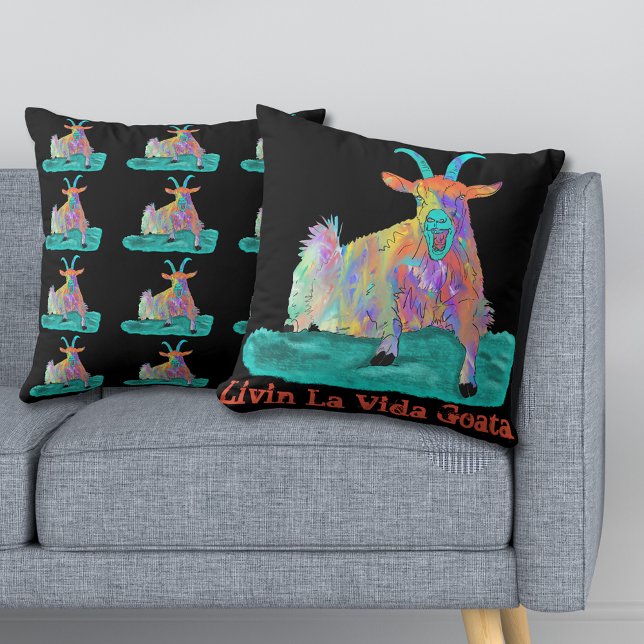 Livin La Vida Goata Funny Screaming Goat Design Cushion (Livin la Vida goata screaming goat colorful animal art pillow)