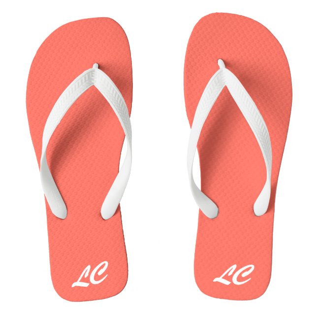 Living Coral Add Initials White Monogrammed Flip Flops (Footbed)
