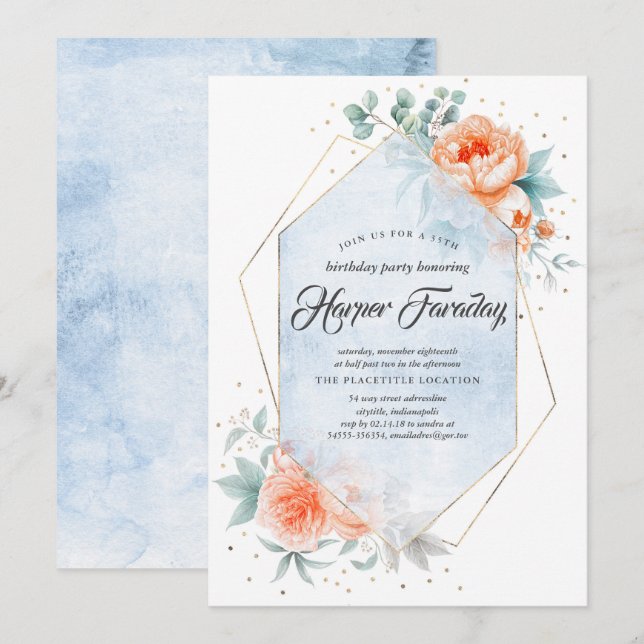 Living Coral and Dusty Blue Floral Modern Birthday Invitation (Front/Back)
