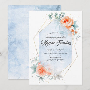 Living Coral and Dusty Blue Floral Modern Birthday Invitation