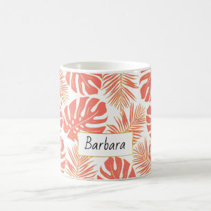 Living coral and gold tropical leaves and name coffee mug