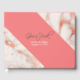 Living Coral and Marbled Rose Gold Wedding Guest Book