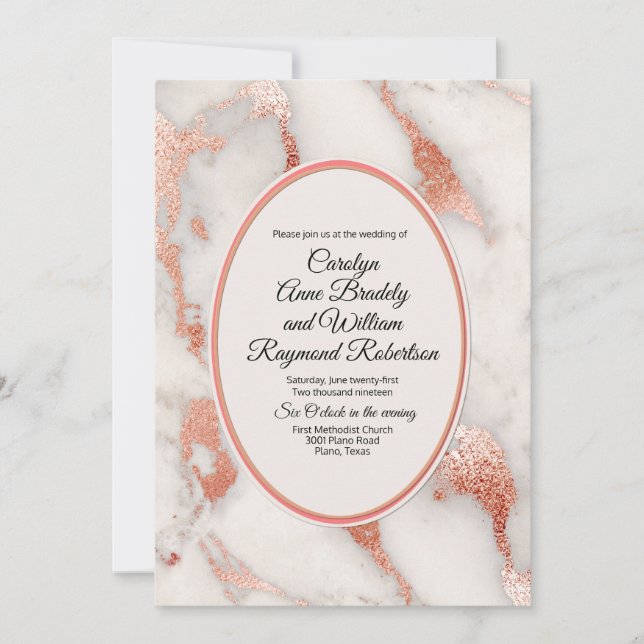 Living Coral and Marbled Rose Gold Wedding Invitation (Front)