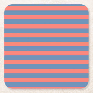 Lıving Coral and Pacific blue Horizontal Lines Square Paper Coaster