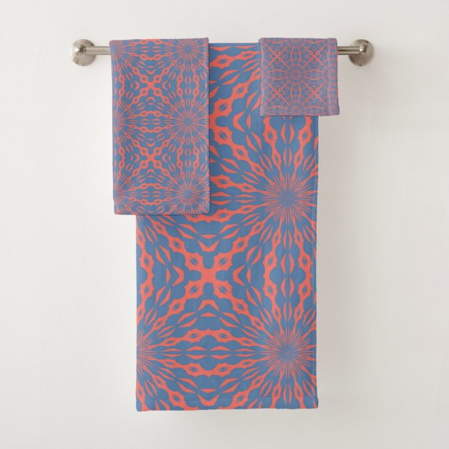 Living Coral And Pacific Blue Shapes Pattern Bath Towel Set (Insitu)