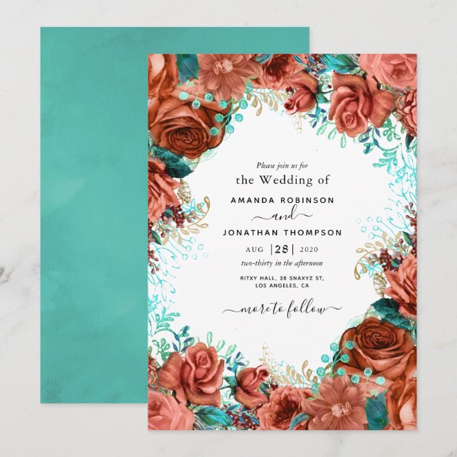 Living Coral and Teal Wedding Invitation (Front/Back)