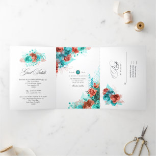 Living Coral and Teal Wedding Tri-Fold Invitation