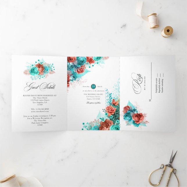 Living Coral and Teal Wedding Tri-Fold Invitation (Inside)