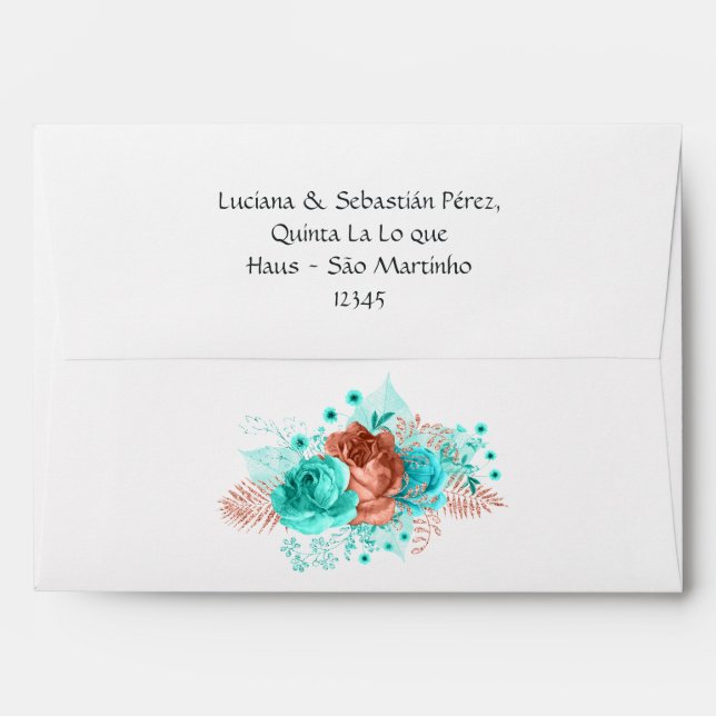 Living Coral and Turquoise Floral Wedding Envelope (Back (Top Flap))