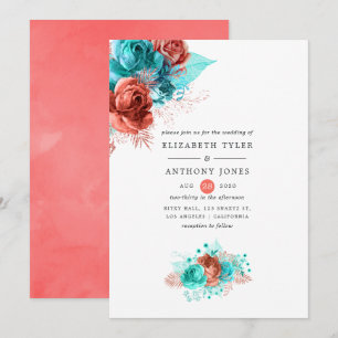 Living Coral and Turquoise Floral Wedding Invitation