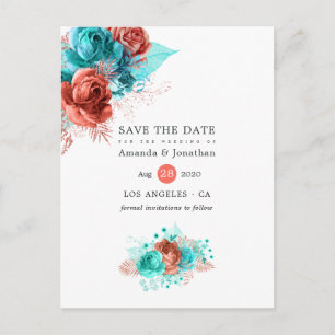 Living Coral and Turquoise Wedding Save the Date Announcement Postcard