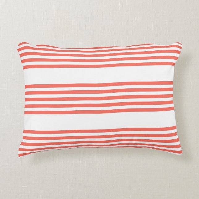 Living coral and white five stripes pattern decorative cushion (Front)