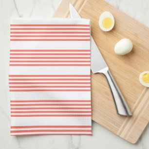 Living coral and white five stripes pattern tea towel