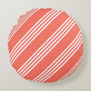 Living coral and white four stripes pattern round cushion