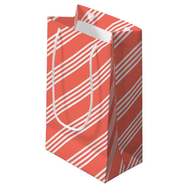 Living coral and white four stripes pattern small gift bag (Front Angled)