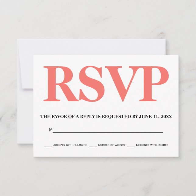 Living coral and white typography wedding RSVP Card (Front)