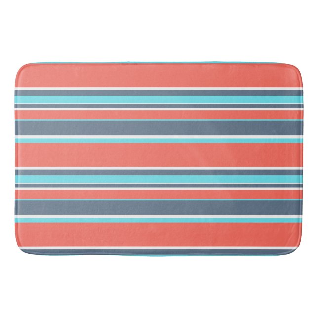 Living coral, blue and grey stripes bath mat (Front)