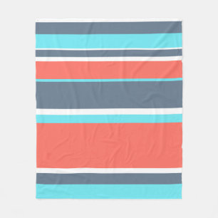 Living coral, blue and grey stripes fleece blanket