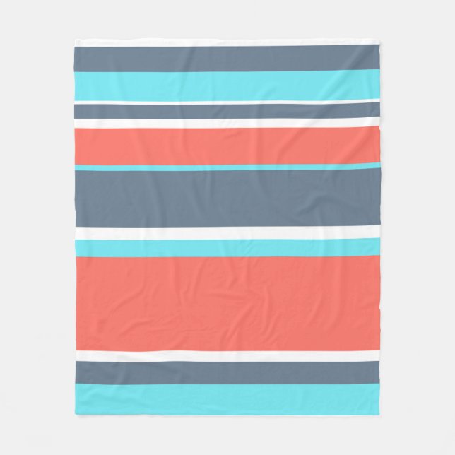 Living coral, blue and grey stripes fleece blanket (Front)